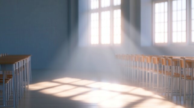 Old school classroom with wooden desks, sunlight streaming through windows, evoking nostalgic 90s atmosphere, warm tones, vintage educational setting, capturing childhood memories
