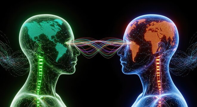 Two humanoid figures with globe heads exchanging data in a futuristic digital connection on a black background with neon lights