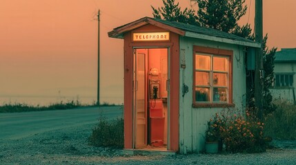Obraz premium Vintage payphone booth on a tranquil street at dusk, soft orange sky, evoking nostalgia and memories of a bygone era, enhancing the feeling of solitude and reflection