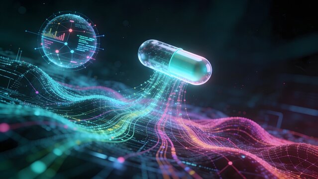 Abstract Blue Fractal Energy Background with Glowing Particles and Flowing Plasma Waves Futuristic Digital Medicine Capsule with AI Healthcare Data Visualization