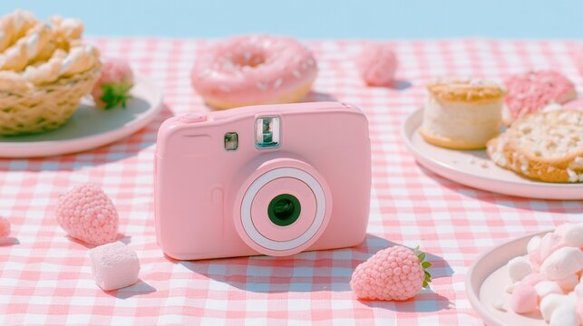 Old disposable camera on a picnic blanket, surrounded by summer snacks, evoking nostalgia with a soft vintage film style, capturing a carefree summer scene.