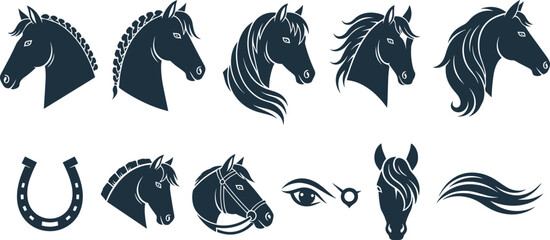Horse Head Silhouette Icon Set with Braided Mane Profiles Horseshoe and Equestrian Stallion Symbols for Ranch Logos and Corporate Branding Designs © EdGe Creative