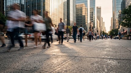 Obraz premium City Life Rush: Blurred figures of people walk along a sunlit street in a bustling city, with modern skyscrapers in the background, conveying a sense of urban energy and movement.