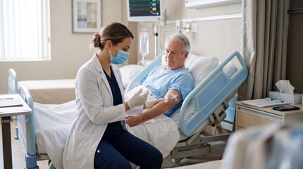 Obraz premium Medical Care in Hospital Room: A caring nurse in scrubs and mask administers a vaccine to an elderly patient lying in a hospital bed, surrounded by medical equipment and bright natural light.