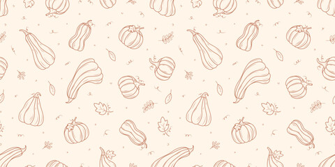 Fototapeta premium Seamless pumpkins pattern. Autumn background. Vector illustration for Thanksgiving day, Halloween, greeting cards and posters.