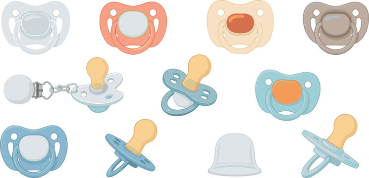 Cute Baby Pacifier and Dummy Clip Icon Set with Pastel Soothers and Protective Cap Vector Illustrations for Newborn Care and Infant Product Branding