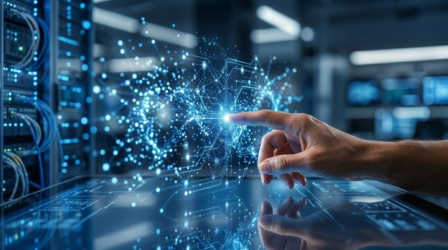 Human hand using advanced AI holographic interface with futuristic data visualization and smart technology elements