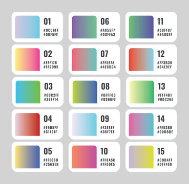 Modern gradient color palette set with numbers and hex codes, UI UX design swatches vector