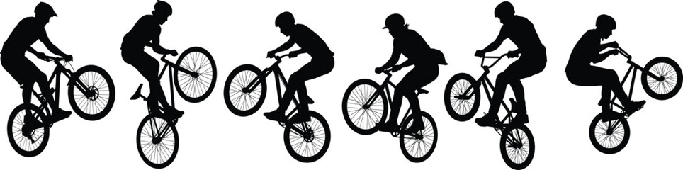 Fototapeta premium Silhouette Collection of BMX Riders Performing Freestyle Bicycle Tricks and Stunts Isolated on White Background
