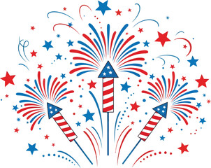 Fototapeta premium USA Independence Day Background with Flying Fireworks Rockets and Patriotic Stars