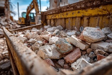 Fototapeta premium A yellow dumpster is filled with rubble from a building demolition site. Use it for construction, renovation, or industrial project visuals.