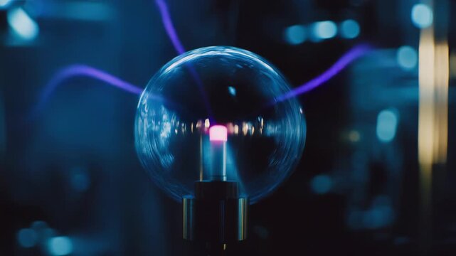 Plasma ball with glowing purple and blue tendrils of electrical discharge inside a glass sphere, casting neon light in a dark, futuristic lab like setting for science imagery