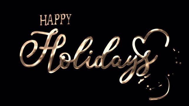 Golden Happy Holidays handwriting animation with ink splash, particles and jiggling text. 4K video element with alpha channel transparent background.