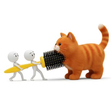 Playful ginger cat biting brush with tiny people pulling