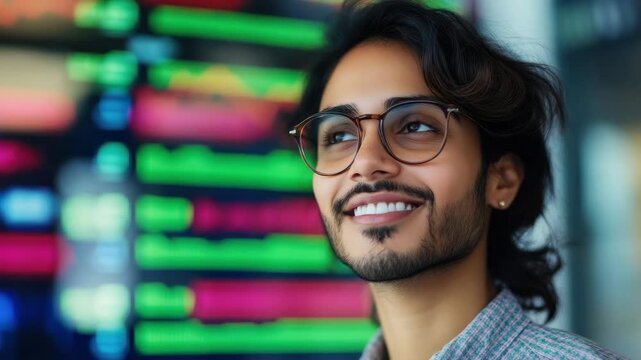 Smiling man stands in front of stock market display with green and red trading indicators in a busy office