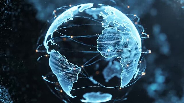 Futuristic digital globe network visualization with global communication technology and artificial intelligence data connection concept