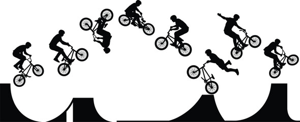 Silhouette Collection of BMX Riders Performing Extreme Freestyle Bicycle Tricks on Skatepark Ramps and Halfpipes © MSTALIFNUR