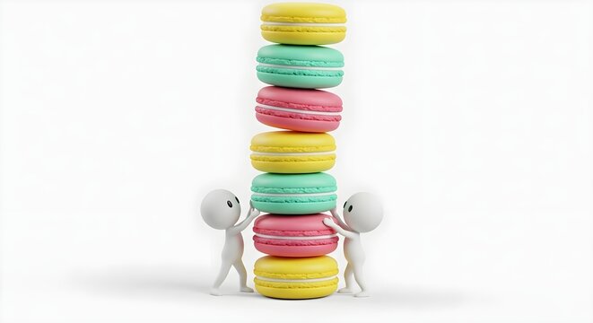 Tiny figures balancing a high stack of colorful macarons