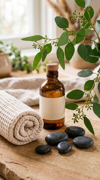 A serene spa setting featuring a dark amber glass bottle with a blank label, a rolled-up waffle-textured towel, and smooth, dark stones arranged on a rustic wooden surface.