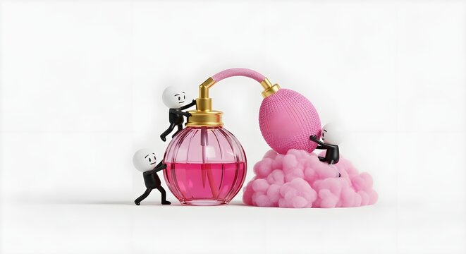Three characters working with a pink perfume bottle and scent cloud