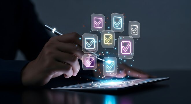 Hand using stylus pen to select glowing checkmark on a digital tablet screen in dark office