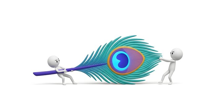 Two characters pulling on a giant colorful peacock feather