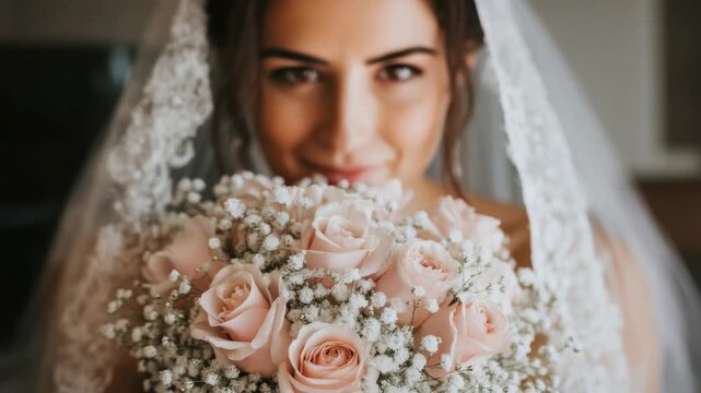 Bride holds bouquet of pink roses and baby&rsquo;s breath flowers during wedding ceremony in bright indoor setting
