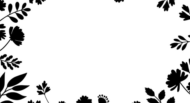 Black Floral Silhouette Border and Leaf Frame on White Background