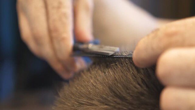 Close up arms of barber trimming brown hair of his client in salon. Male hands of hairdresser combing and cutting short hair of customer with hairbrush and scissors in barbershop. Slow motion