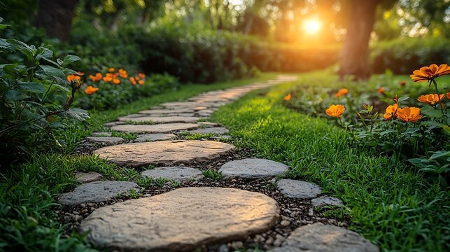 Stone pathway through lush garden at sunset