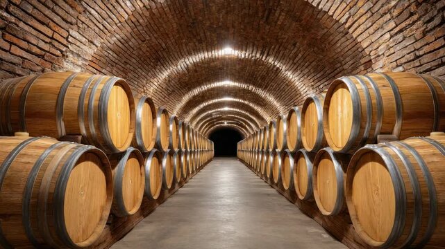 Exploring a wine cellar with rows of wooden barrels in a brick hallway at a vineyard during late afternoon