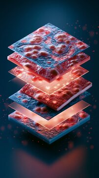 Isometric closeup 3D render showing taste buds affected by glossitis with layered anatomy parts gently floating and rim lit in cool blue and red hues emphasizing inflammation in