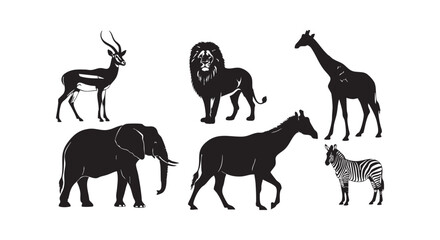 Fototapeta premium Set of wild savanna animals including lion giraffe zebra gazelle and elephant silhouette icons for graphic design art.