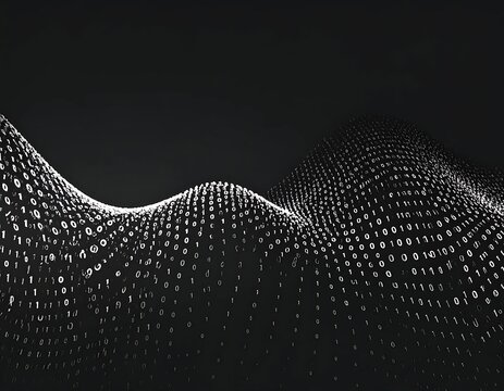 Abstract Binary Data Waves Flowing Across Dark Digital Landscape