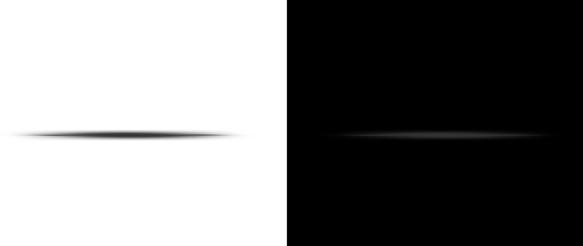 Minimalist drop shadow effect on white and black background, realistic horizontal divider shadow, soft blurred line separator for web design