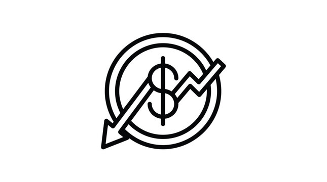 Minimalist black and white line art illustration showing a dollar sign inside a circular frame with a sharp declining arrow indicating a major financial market crash