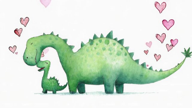 Fun moments between two cartoon dinosaurs in a bright setting during daytime with hearts around them