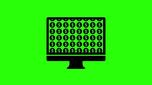 Computer Screen Displaying Downward Stream of Money Cash Flow Animation Green Screen