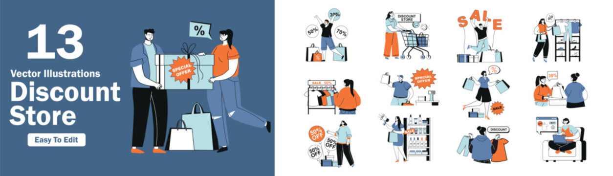 Discount store concept set in flat design for web. Collection with people making purchases at different shops, online shopping at sales, buyers gets special offers with prices. Vector illustrations.