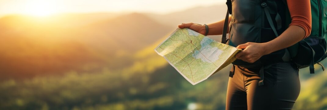 Female hiker wearing backpack is consulting a traditional paper map while enjoying a beautiful sunset over a mountain valley, finding her way in nature during golden hour
