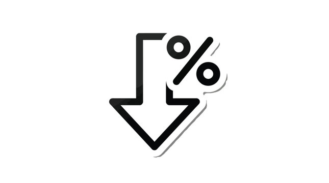A simple black and white paper cutout photograph of a downward pointing arrow symbol featuring a percentage sign representing a reduction in costs or falling prices
