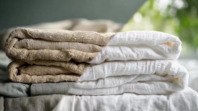 Folding linen and cotton sheets in a bright room during the afternoon to prepare for storage or bedtime