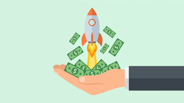 Startup funding and business growth concept with rocket launching from money