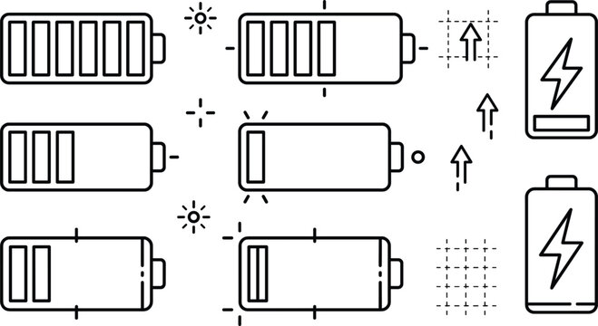 Battery power level indicator icon set line art doodle vector illustration with horizontal vertical capacity charging lightning arrow