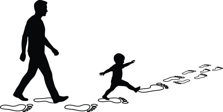 Father and Child Walking in Footsteps Silhouette Vector