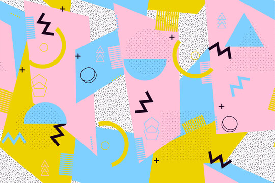 Retro Memphis seamless pattern featuring colorful geometric shapes, playful abstract elements, pastel colors, zigzags, dots, and modern 80s inspired design details