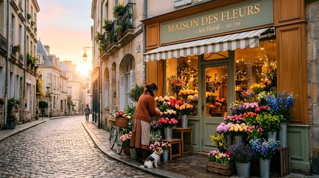 Charming Flower Shop on a Cobblestone Street at Sunrise