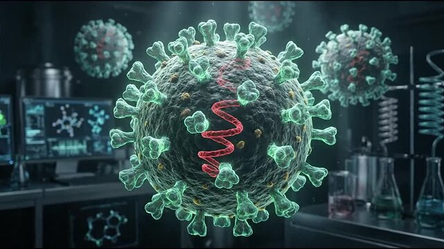 Rotating 3d virus particles with visible internal genetic structures floating inside a high tech modern medical laboratory research facility