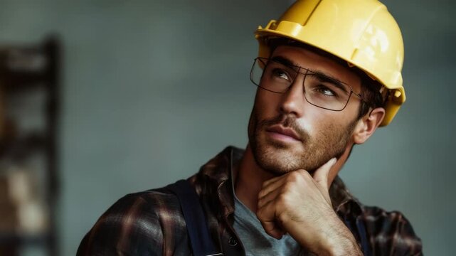 Hard hat worker thinks about project plans in construction site during the day