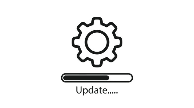 Minimalist black and white graphic illustration showing a single gear icon with a loading progress bar underneath indicating a software update process is currently in progress
